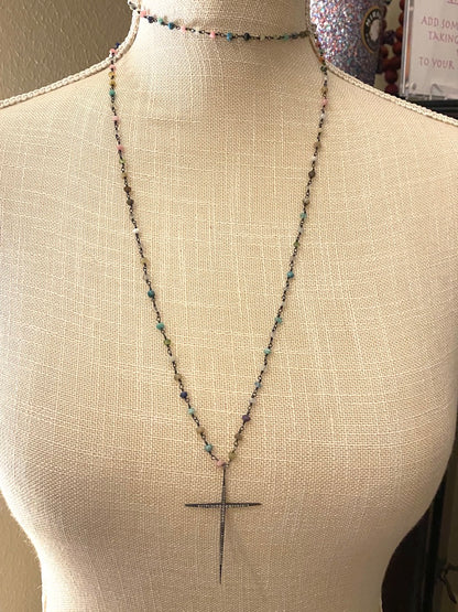 Multi Colored Gemstone on Rosary Style Chain With Pave Diamond Cross Pendant