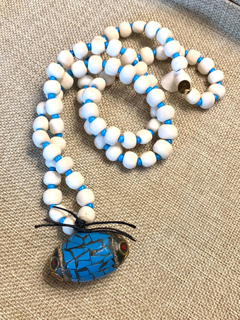 White Bone Beaded Necklace with Turquoise Spacer Beads and Tibetan Pendant