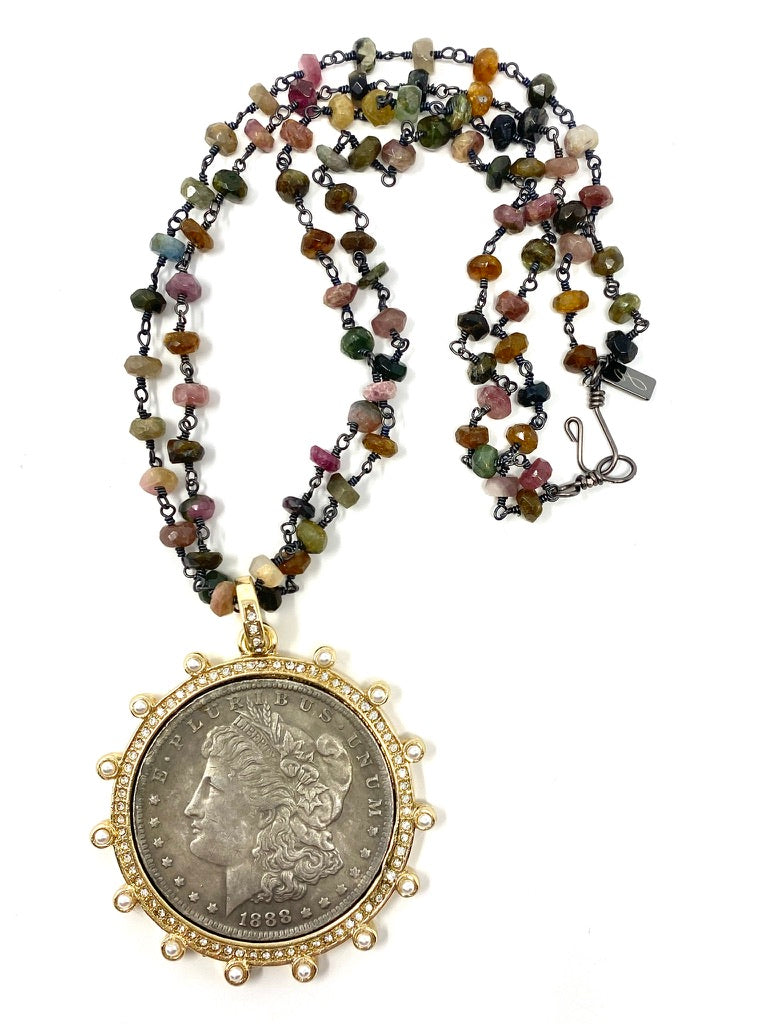 Large Coin Medallion Pendant on Gemstone Rosary Style Necklace