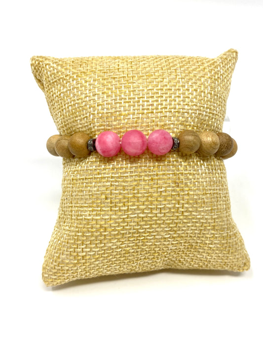 Light Brown Wooden Elastic Beaded Bracelet With Pink Jade and Diamonds