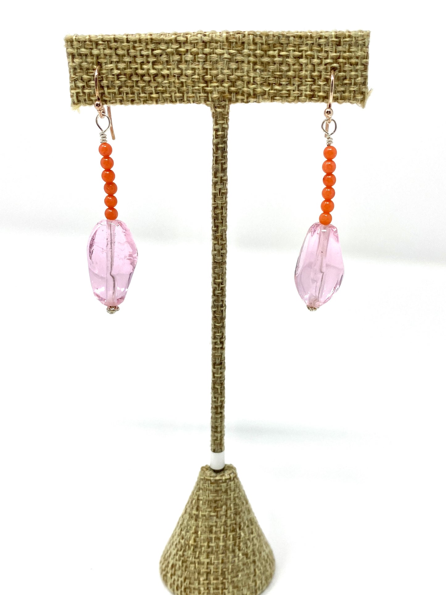 Sterling Silver Earrings With Orange Coral Beads and Light Pink Acrylic Stone