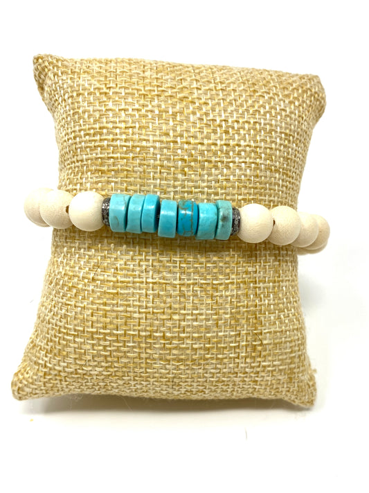 Off White Wooden Elastic Beaded Bracelet with Turquoise Beads and Pave Diamond Spacers