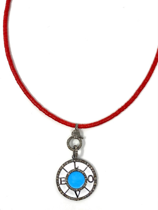 Red Vinyl Disc Necklace With Diamond Lobster Clasp With Blue and White Enamel "Love" Pendant