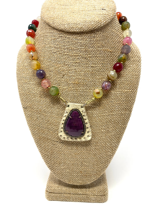 10mm Multi Colored Jasper Hand Knotted Necklace With Leather and Amethyst Pendant