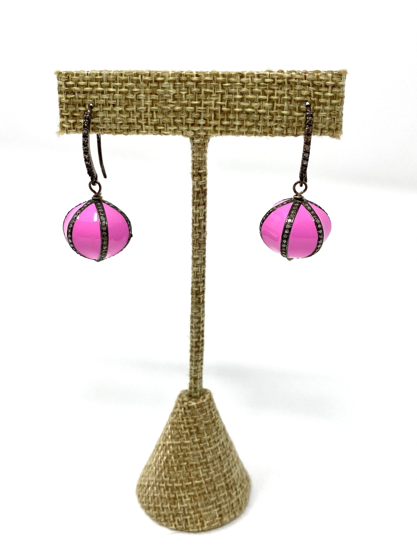 Pink Enamel and Pave Diamond Orb Earrings