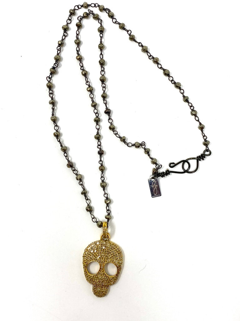 Pyrite Beaded Chain Necklace with Gold Filled and Pave Diamond Skull Pendant