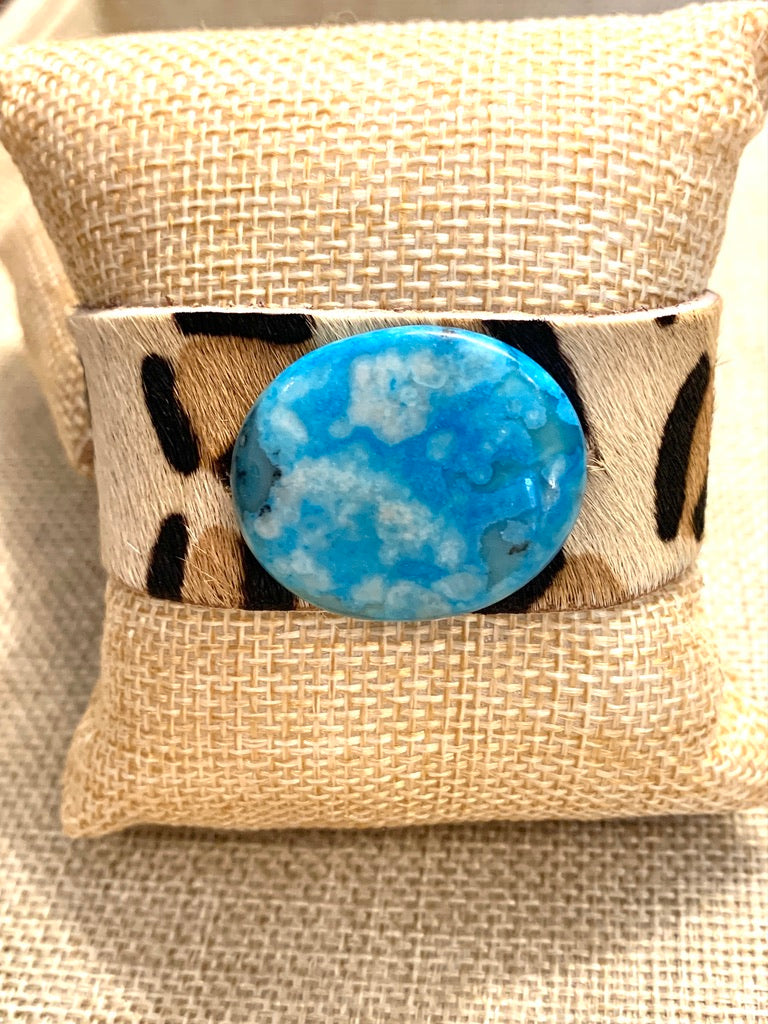 Leopard Print Hide Cuff Bracelet with Turquoise Stone Accent