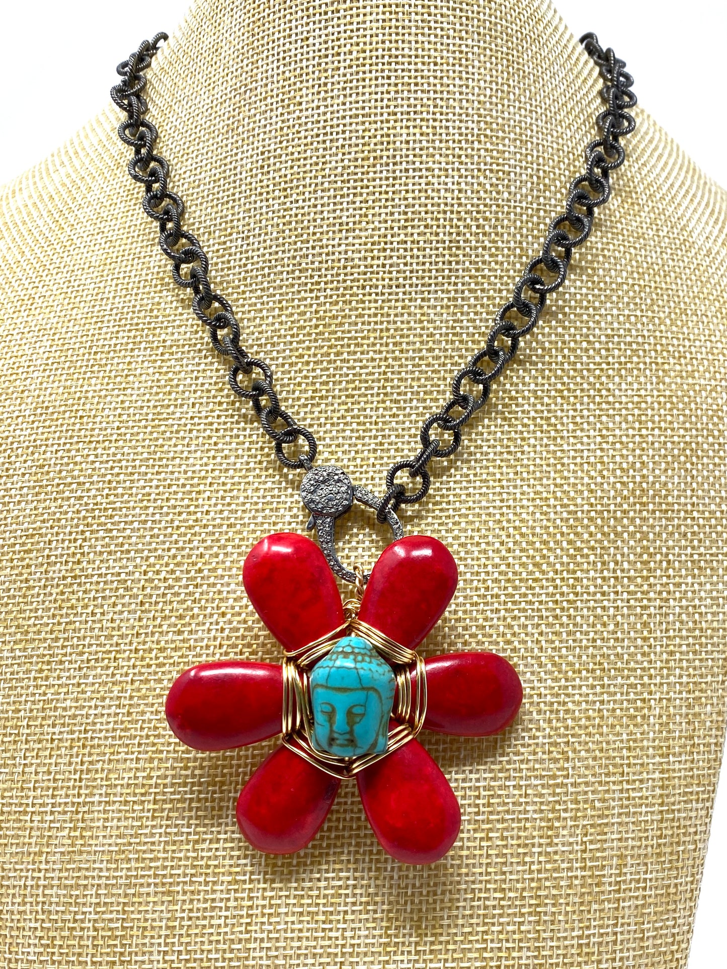 Red Turquoise Flower With Buddha on Oxidized Chain With Diamond Lobster Clasp