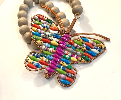 Gray Wooden Bottle Beads with Rolled Paper Beaded Butterfly