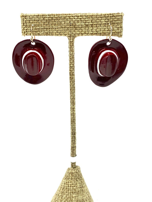 Maroon Ceramic Cowboy Hat Earrings on Sterling Silver Earring Wire