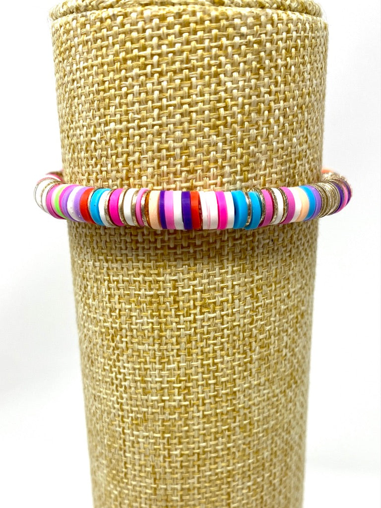 Multicolored Rubber Disc Elastic Bracelet With Silver Metal Spacers