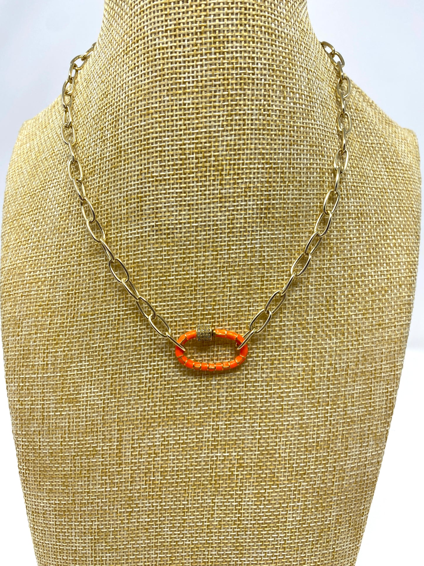 Gold Filled Necklace with Orange Enamel and Pave Diamond Carabiner