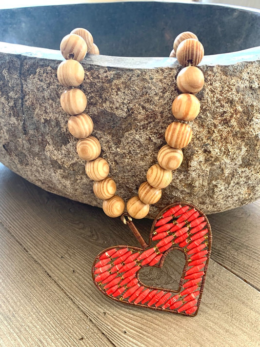 Natural Wooden Bottle Beads with Melon Colored and Bronze Heart