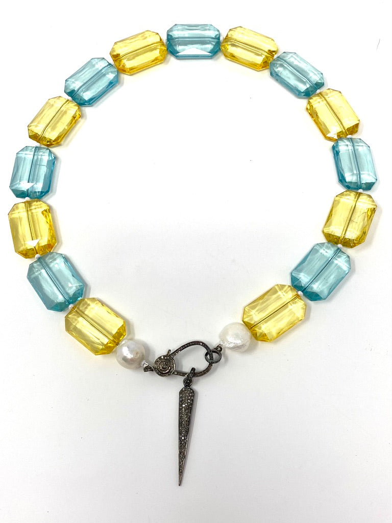 Aquamarine and Yellow Acrylic Crystal Necklace With Diamond Lobster Clasp