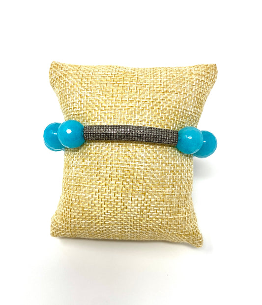 Turquoise Blue Faceted Elastic Jade Bracelet with Pave Diamond Tube Accent