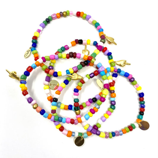 Matte Gold Middle Finger Multi Colored Seed Bead Elastic Bracelet