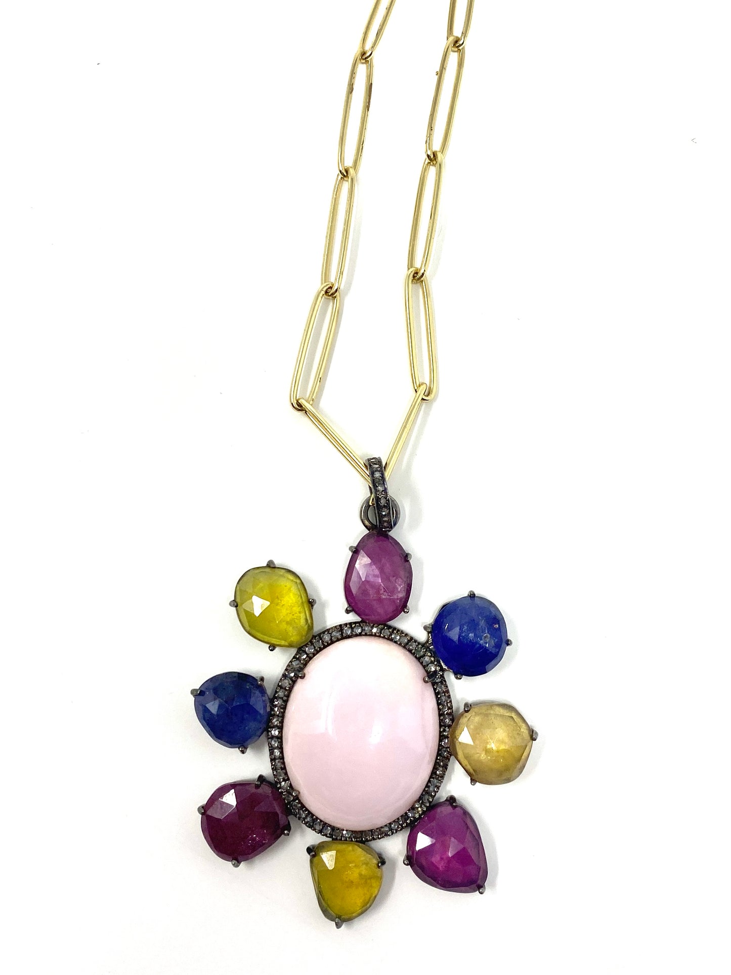 Multi Gemstone and Diamond Flower Pendant on Gold Filled Paper Clip Chain