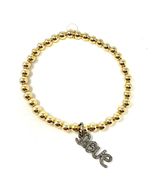 Gold Filled 5mm Beaded Elastic Bracelet With Diamond Love Charm