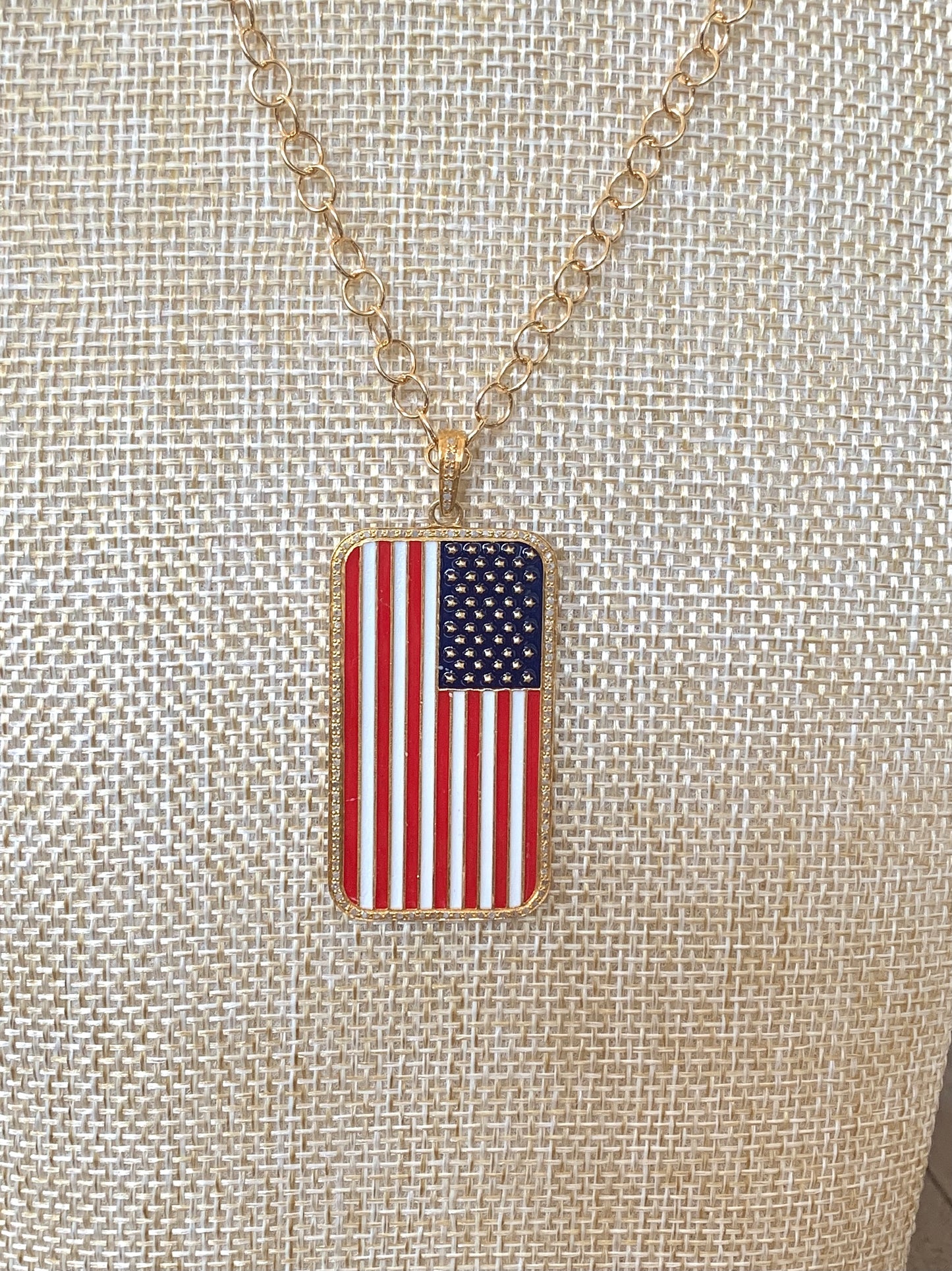 Gold Filled Link Necklace with Gold and Pave Diamond American Flag