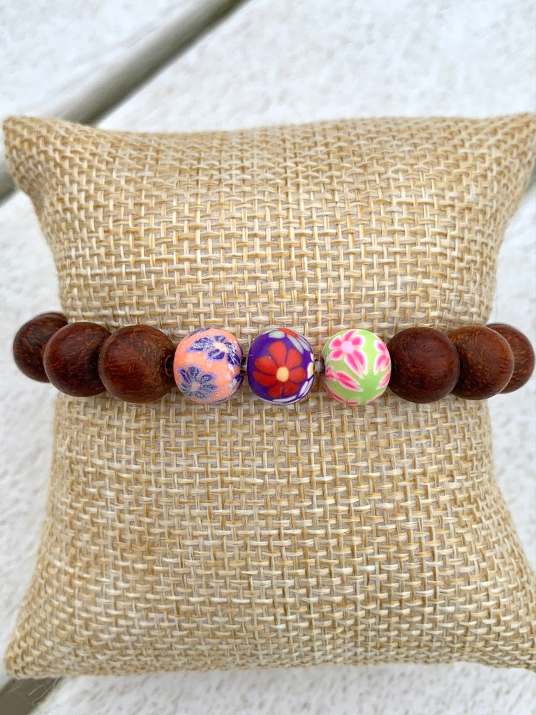 Dark Brown Wooden Beaded Bracelet with Colorful Clay Beads