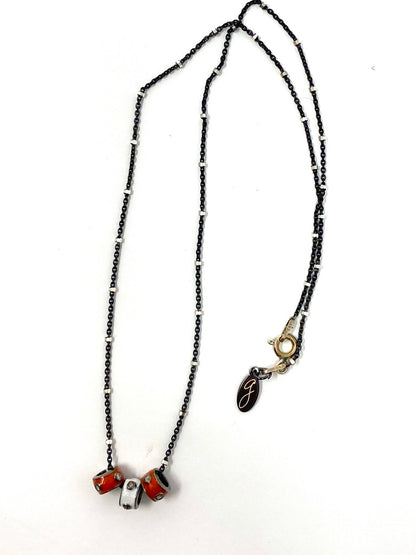 Oxidized and Silver Necklace with Burnt Orange and White Enamel and Diamond Spacers