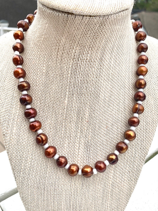 Copper Colored Fresh Water Pearl Necklace with White Seed Bead Spacers