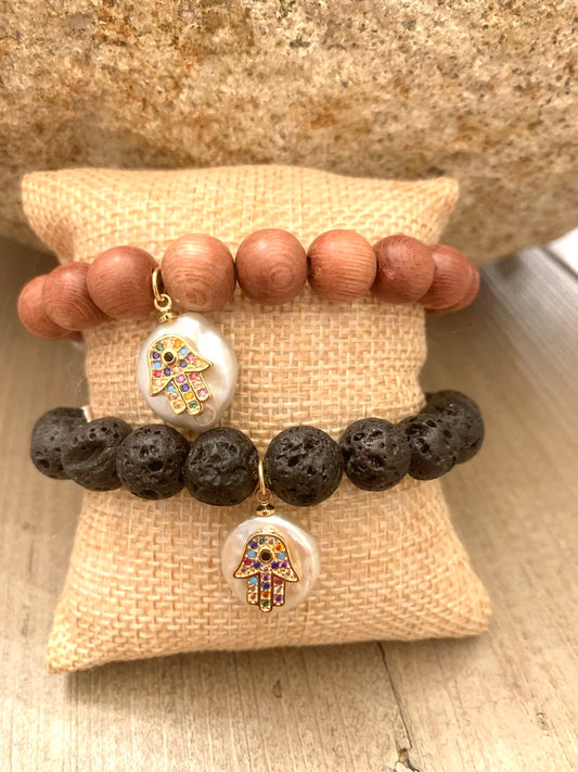 Black Lava or Brown Wooden Elastic Beaded Bracelet with Freshwater Pearl and Evil Eye Charm