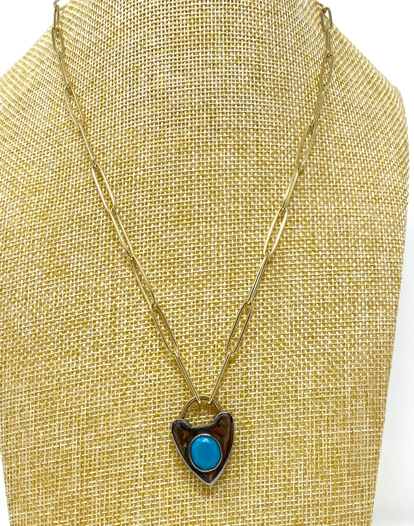 Gold Filled Paperclip Necklace with Oxidized Heart Lobster Clasp and Turquoise Stone
