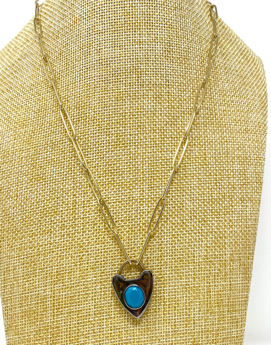 Gold Filled Paperclip Necklace with Oxidized Heart Lobster Clasp and Turquoise Stone