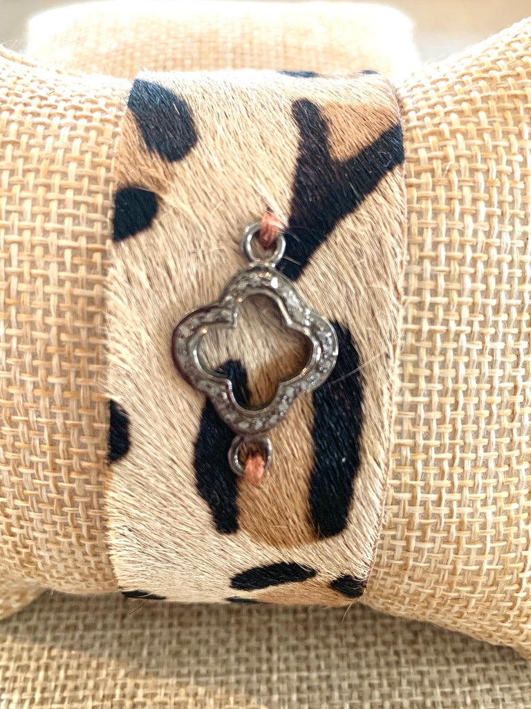 Leopard Print Hide Leather Cuff Bracelet with Pave Diamond Clover Accent