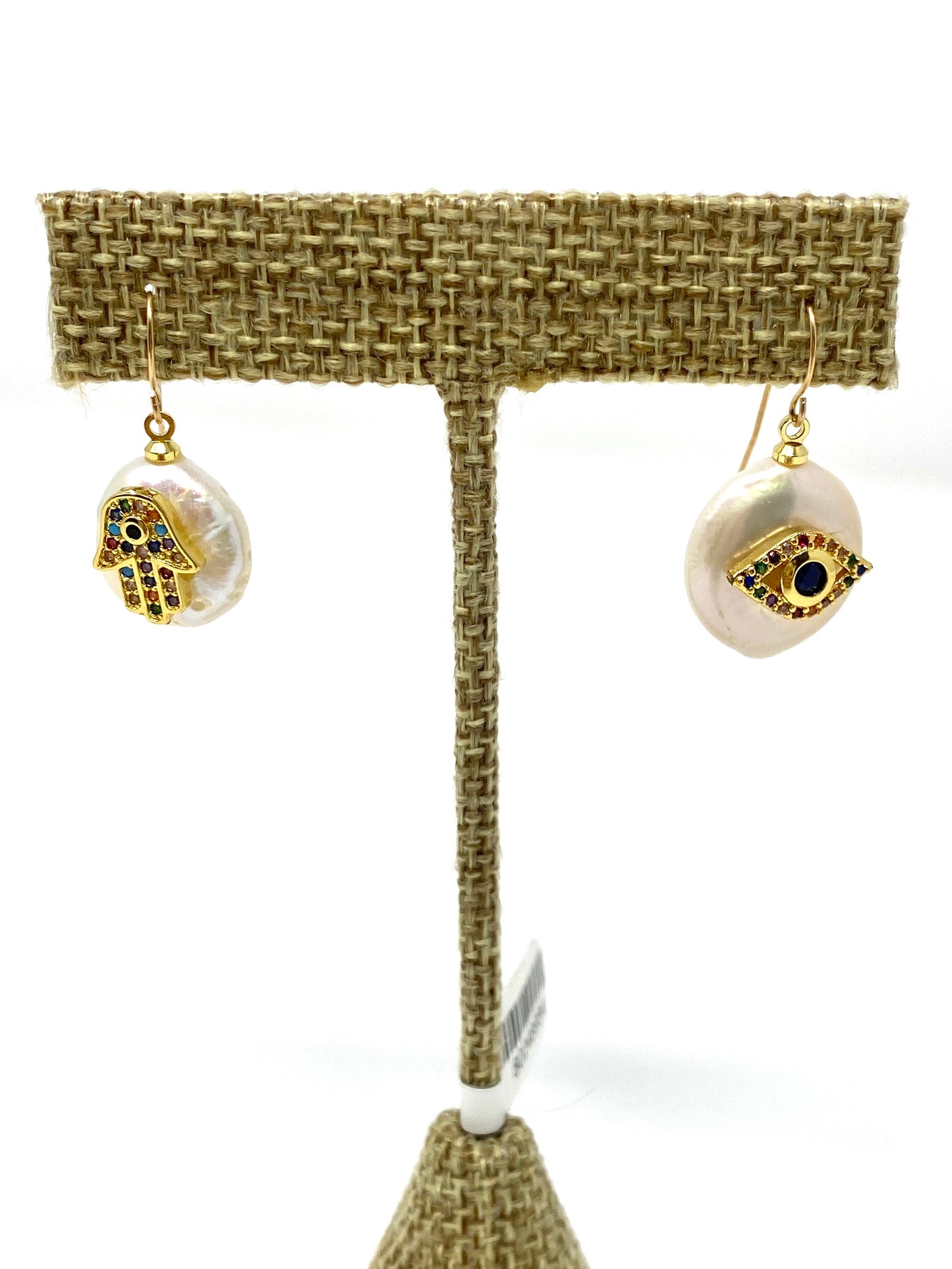 Gold Filled Earrings With Freshwater Pearl and Crystal Hamsa and Evil Eye
