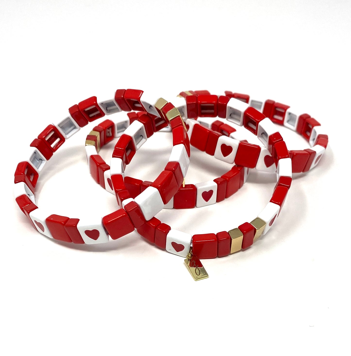 Red and White Tila Tile Elastic Bracelet With Hearts
