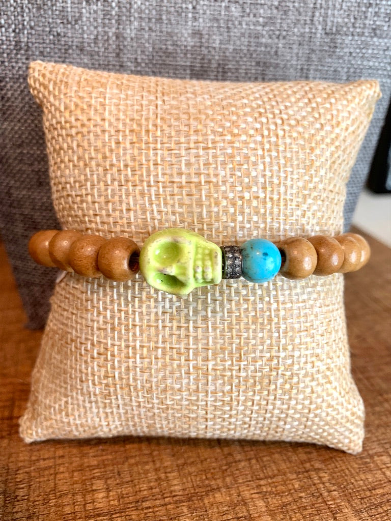 Light Brown Wooden Elastic Beaded Bracelet with Skull, Turquoise and Diamond Spacer