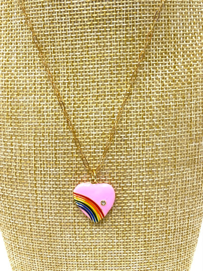Gold Filled Dainty Chain With Puffy Pink, Blue or White Enamel Rainbow Heart Pendant