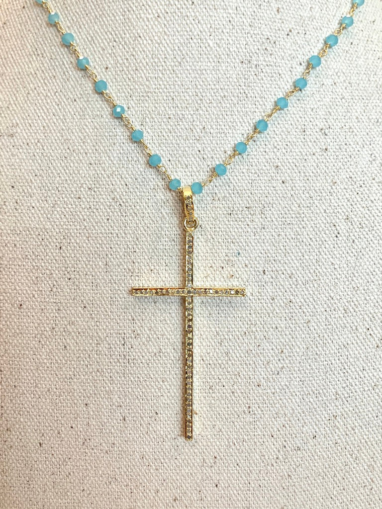 Aquamarine Beaded Rosary Style Necklace with Gold Filled Pave Diamond Cross Pendant
