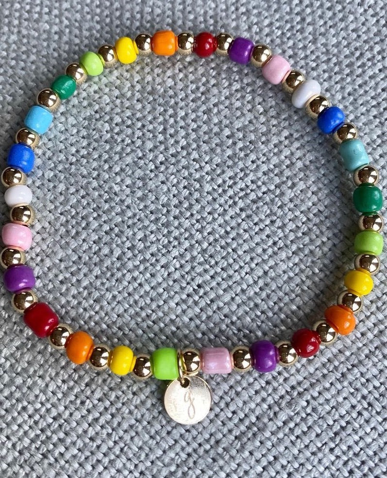 Rainbow Colored Seed Bead and Gold Filled Beaded Bracelet
