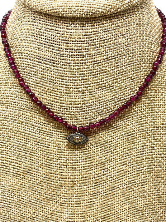 3mm Garnet Beaded Necklace with Pave Diamond Evil Eye Charm