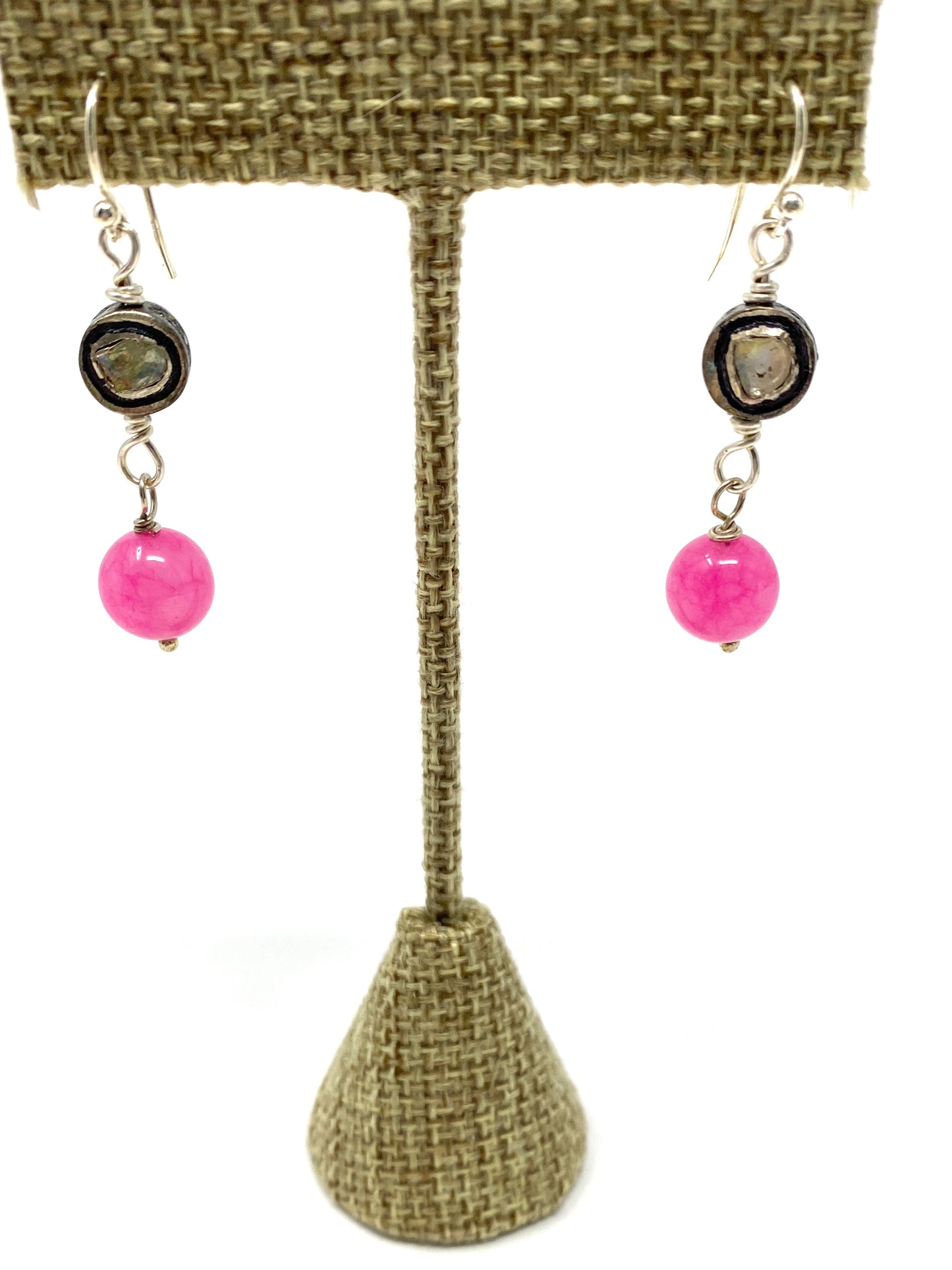 Double Sided Polki Diamond and Pink Glass Beaded Earrings