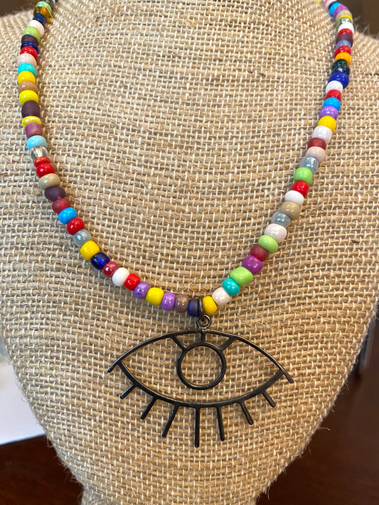 Multi Colored Seed Bead Necklace with Gun Metal Evil Eye