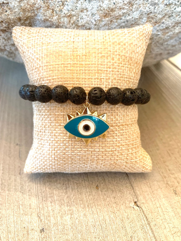 Black Lava Elastic Beaded Bracelet with Blue Enamel Evil Eye Pendant
