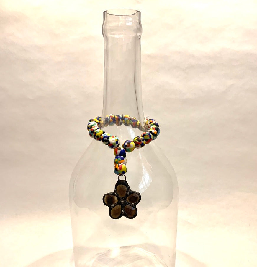 Multi Colored Clay Bottle Beads with Black Soldered Glass Flower