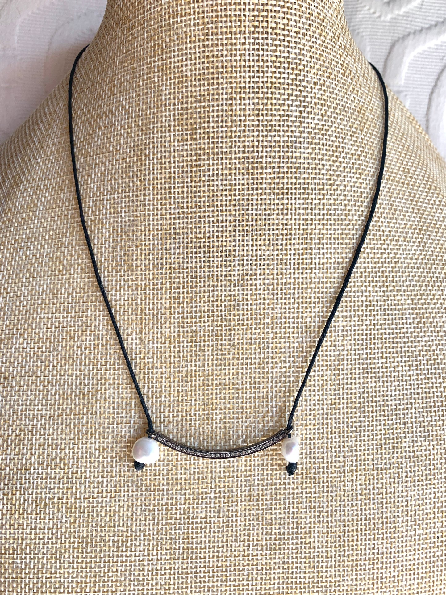 Black Cord Necklace with Pave Diamond Connector and Fresh Water Pearl Accents