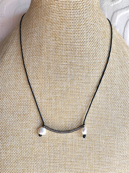 Black Cord Necklace with Pave Diamond Connector and Fresh Water Pearl Accents
