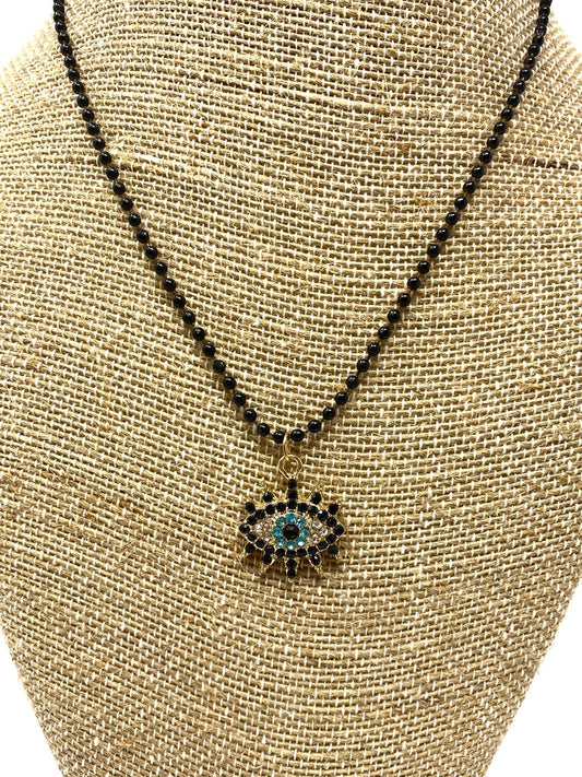 Black Ball Chain Necklace With CZ Evil Eye Pendant
