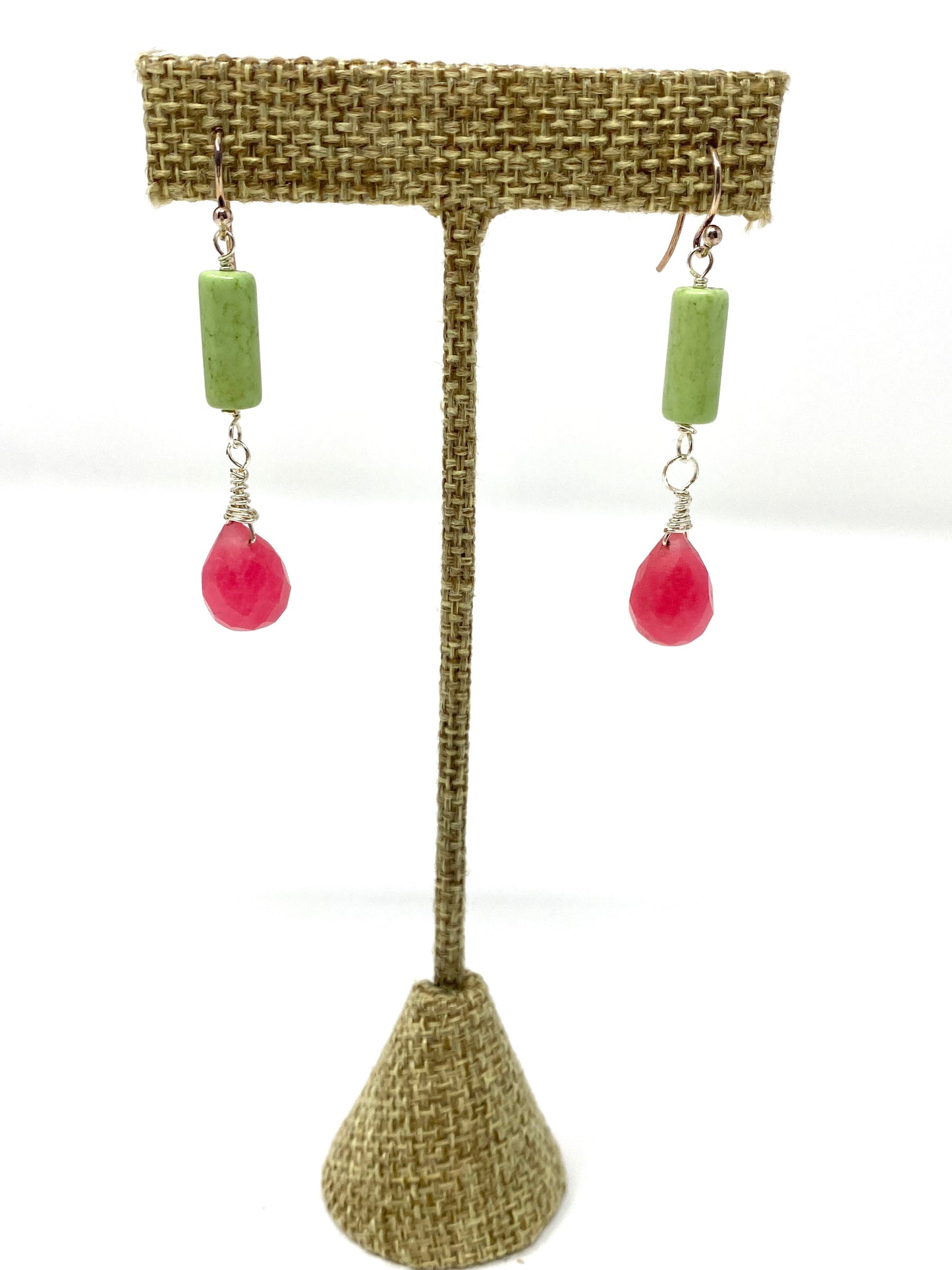 Sterling Silver Earrings with Lime Green Howlite Tube and Rose Quartz Drops