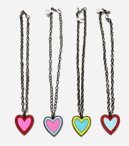 Gun Metal Chain Necklace with Pave Diamond Enamel Heart Pendant