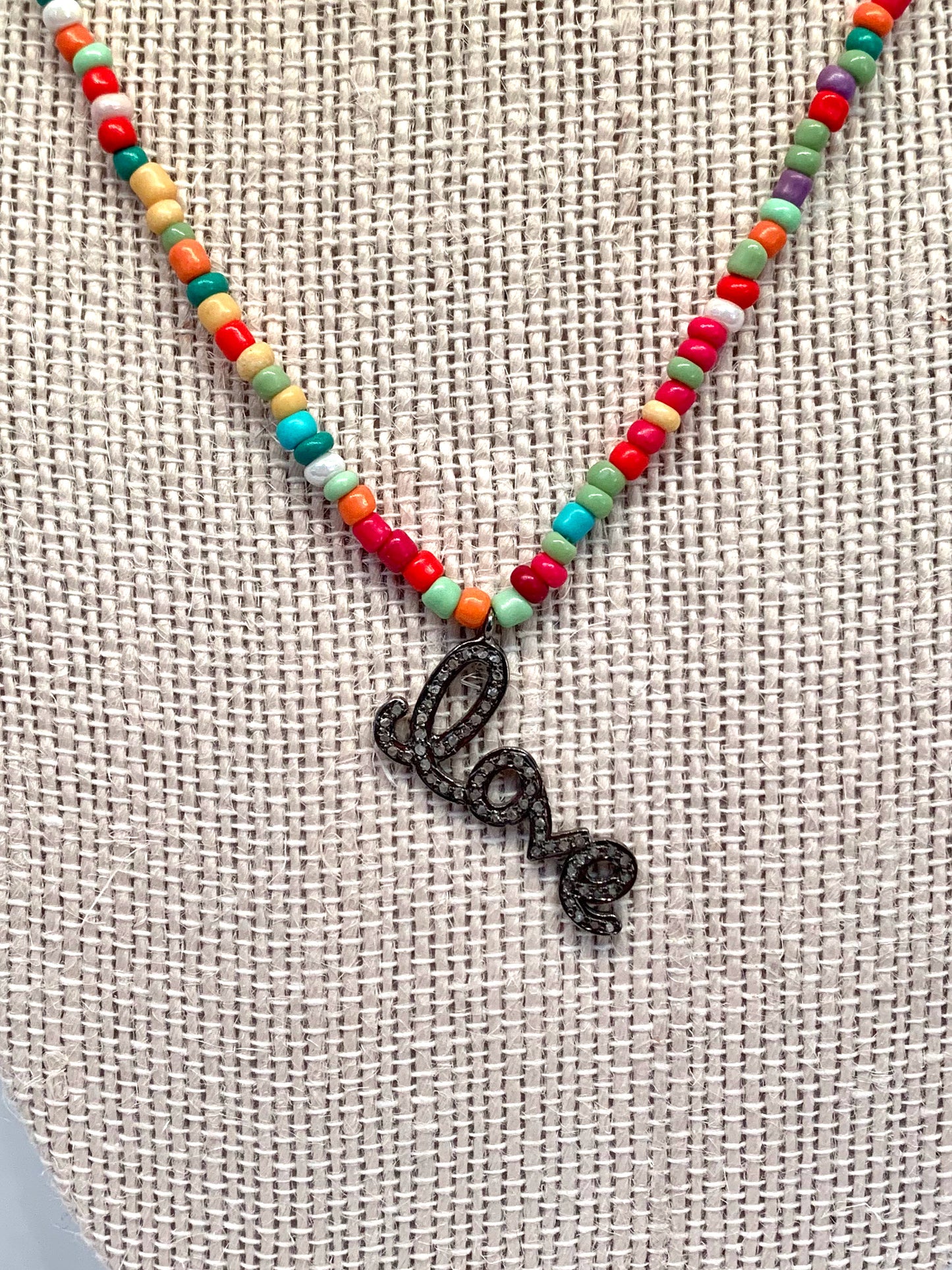 Multicolored Seed Bead Necklace with Pave Diamond Love Pendant