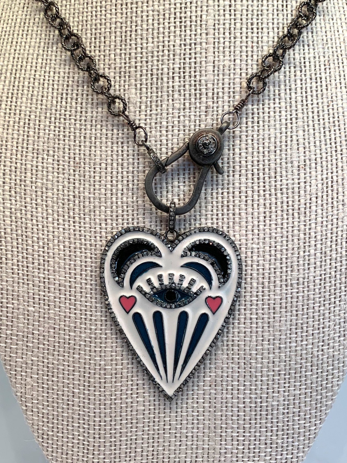 Oxidized Chain Necklace with a Pave Diamond Lobster Clasp and Enamel and Pave Diamond Evil Eye Heart Pendant