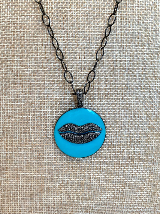 Oxidized Silver Chain Necklace with Blue Enamel and Pave Diamond Lips Pendant