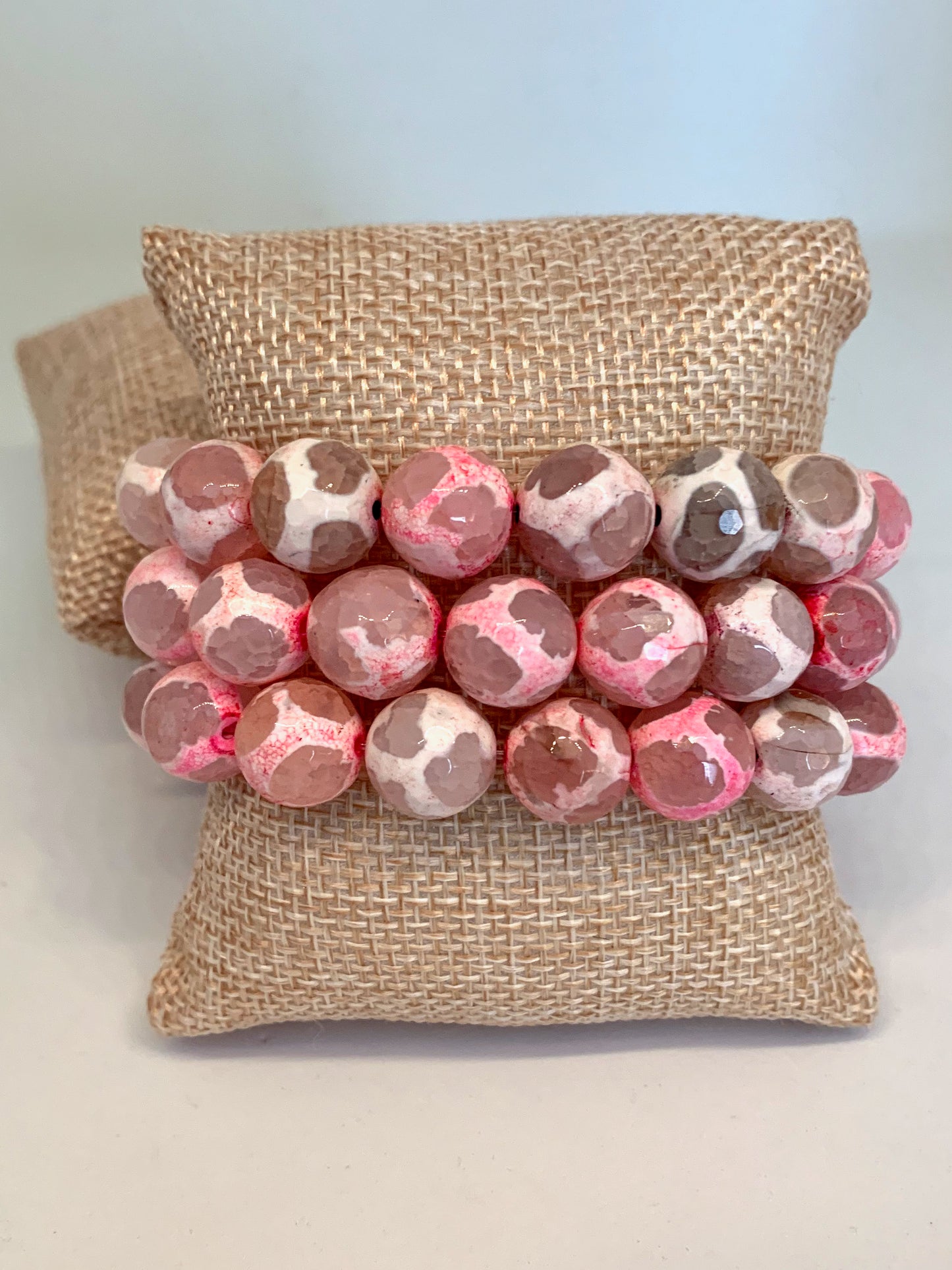Pink and White Faceted Agate Beaded Bracelet